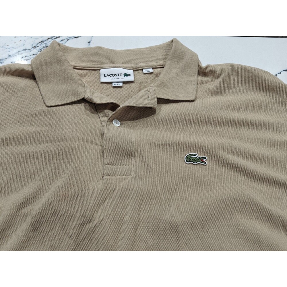 Lacoste Mens Polo Shirt Size 7 2XL Beige Cotton Gator Embroider Logo